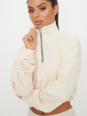 Cream Rib Zip Front Long Sleeve Sweater