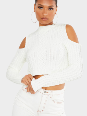 Cream Cable Cropped Cut Out Shoulder Sweater