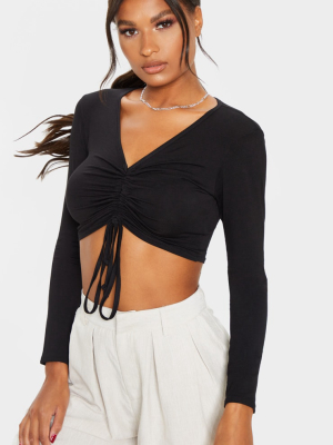 Black Jersey V Ruched Long Sleeve Crop Top