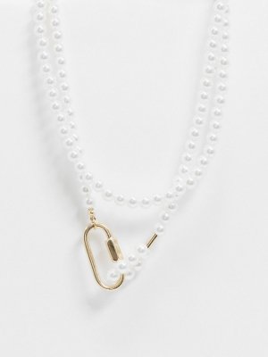 Asos Design Necklace In Pearl With Hardware Lock In Gold Tone