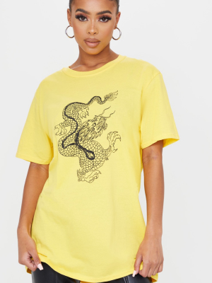 Yellow Contrast Dragon Print T Shirt