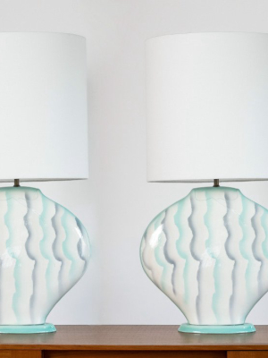 Vintage Pair Of 1980s Ceramic Table Lamps On Lucite Base