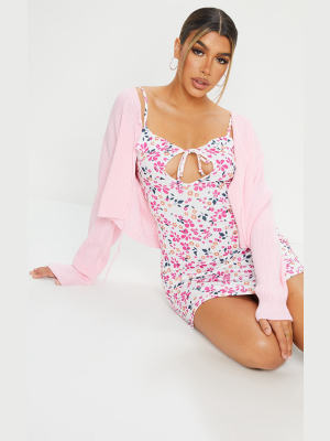 Pink Ditsy Print Lace Up Front Shift Dress