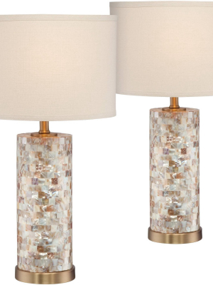 360 Lighting Coastal Accent Table Lamps Set Of 2 Mother Of Pearl Tiles Cylinder Cream Linen Drum Shade For Living Room Bedroom