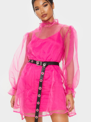 Hot Pink Organza Puff Sleeve Smock Dress