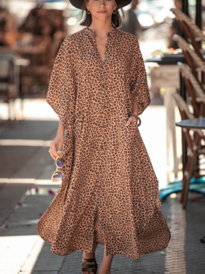 Leopard Pocketed Button Front Side Slit Sleeved Maxi Cover Up