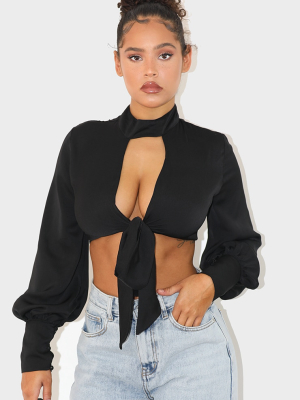 Black Woven Tie Front Long Sleeve Crop Top