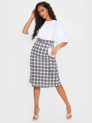 White Check Tie Waist Floaty Midi Skirt