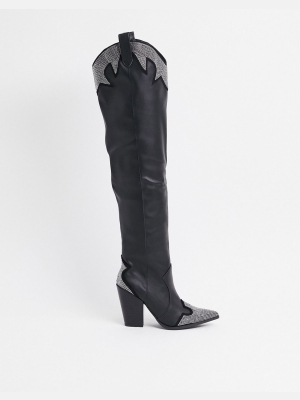 Public Desire Brandy Western Embellished Over The Knee Boots In Black