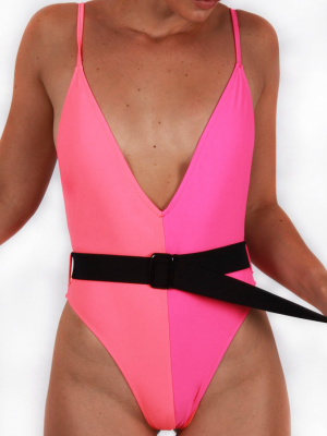 Colour Block Plunge Belted Swimsuit