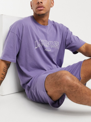 Asos Design Lounge T-shirt And Short Pajama Set With City Print In Purple