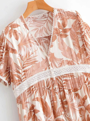 'makayla' V Neck Leaf Print Maxi Dress With Embroidered Trims