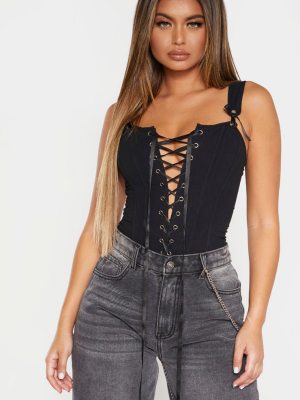 Black Woven Structured Lace Up Corset Crop Top