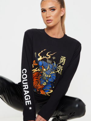 Black Tiger Courage Print Long Sleeve T Shirt