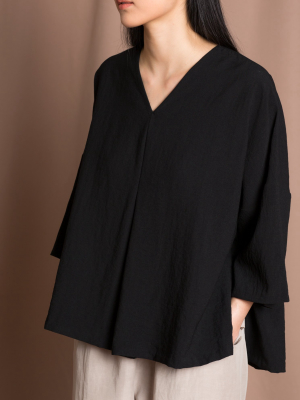 Water Chestnut Dropped Shoulder V-neck Top - Black