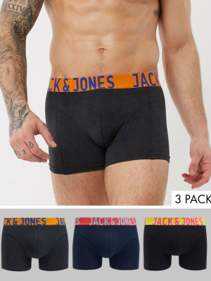 Jack & Jones 3 Pack Trunks With Logo Waistband In Black And Navy