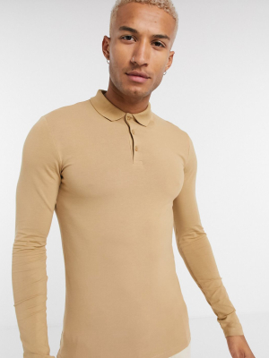 Asos Design Organic Muscle Fit Long Sleeve Jersey Polo In Tan