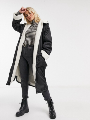 Asos Design Fleece Lined Maxi Raincoat In Black