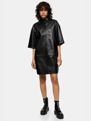 Tall Black Pu Oversized Mini Shirt Dress