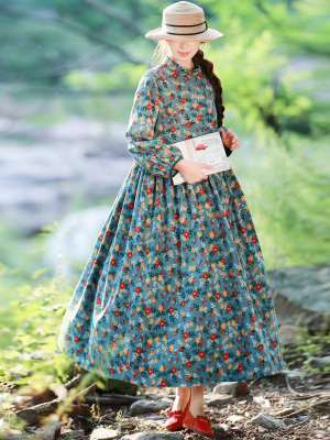 Plus Size - Women Corduroy Floral Print Draped Dress