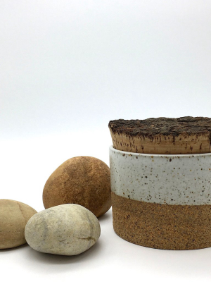 Canister W/ Bark Top | 3.5" X 2.5" | Sandstone/snow White