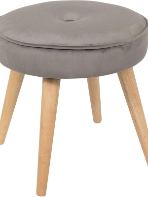 Living Essentials Alannah Stylish Upholstered Cushioned Velvet Fabric 15.75 Inch Round Footrest Ottoman Stool Seat With Pine Wood Legs, Gray