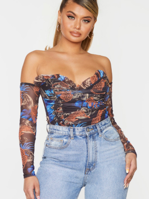 Multi Tiger Printed Mesh Ruched Bardot Bodysuit