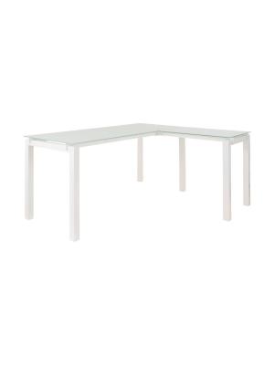 Metal L Shape Desk With Frosted Glass Top And Block Legs White - Benzara