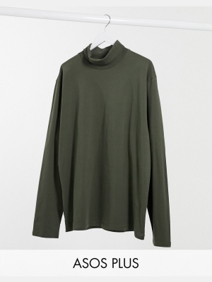 Asos Design Plus Long Sleeve Turtle Neck In Khaki