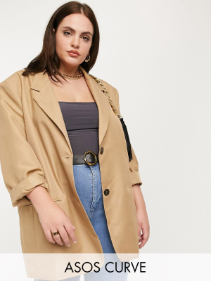 Asos Design Curve Strong Shouldered Dad Suit Blazer In Camel