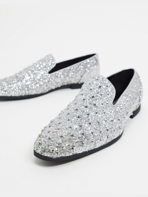 Asos Design Loafers In Silver Glitter With Stud Detail