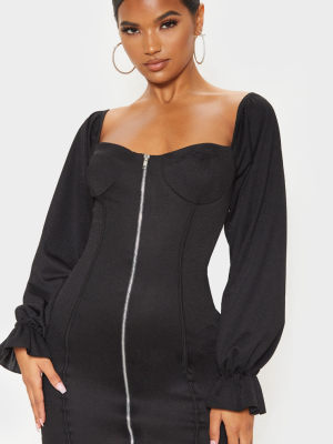 Black Zip Up Cup Detail Balloon Sleeve Bodycon...