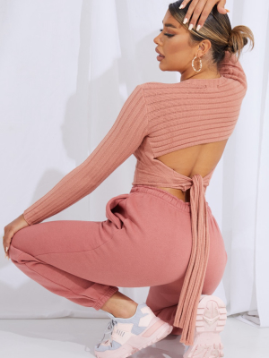 Pink Knot Back Detail Ribbed Knitted Crop Top