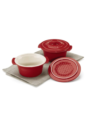 Cusinart Chefs Classic Ceramic Bakeware Set Of 2 Mini Round Covered Cocottes With Lids And Side Handles, Red