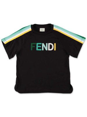 Fendi Kids Logo Embroidered Stripe Detail T-shirt