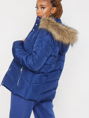 Blue Quilted Mara Faux Fur Hooded Puffer Jacket