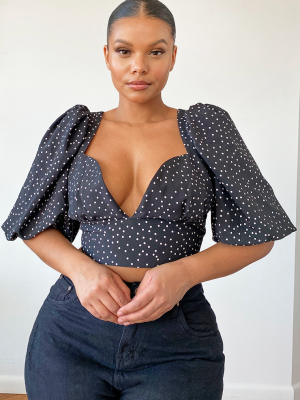 Plus Black Polka Dot Woven Puff Sleeve...