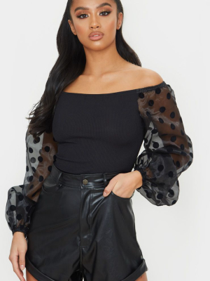 Petite Black Ribbed Polka Dot Organza Sleeve...