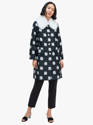 Cat Dot Jacquard Removable Fur Collar Coat