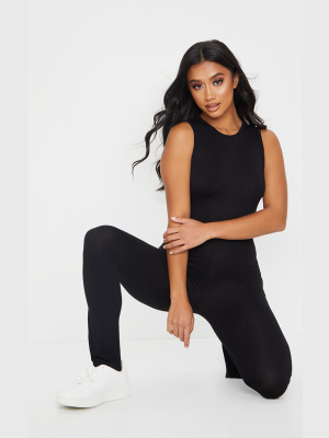 Petite Black Sleeveless Jersey Split Hem Jumpsuit