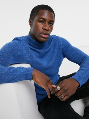 Asos Design Lambswool Roll Neck Sweater In Mid Blue