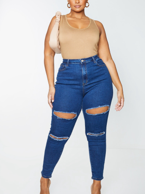 Plus Mid Blue Wash Double Rip High Waisted 5...