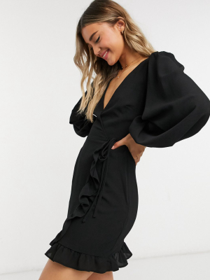 Asos Design Long Sleeve Mini Wrap Dress In Black