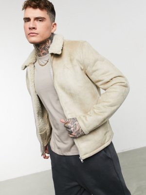 Asos Design Faux Shearling Harrington Jacket With Borg Lining In Ecru