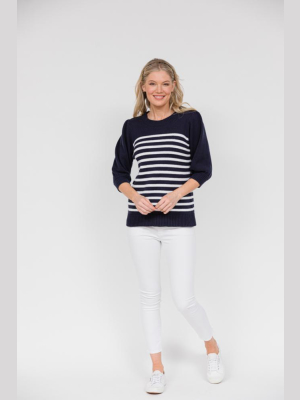 Navy & White Stripe Puff Sleeve Sweater