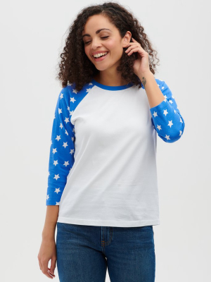 Phoebe Baseball Top - Off-white, Blue Stars