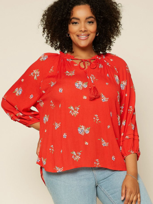 Plus Size - Floral Long Sleeve Blouse