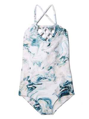 Sao Paulo Strappy Caged One Piece Swimsuit (kids) - Deep Blue Marble Print