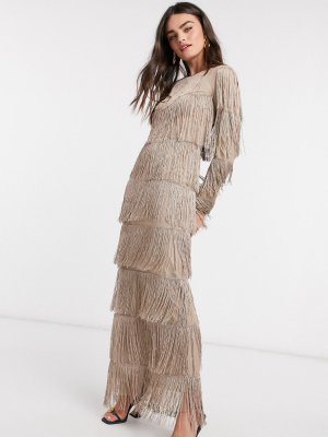 Asos Design Long Sleeve Fringe Column Maxi Dress In Stone