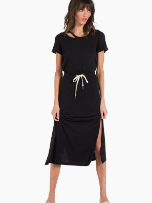 Clearwater Short Sleeve Drawstring Midi Dress - Black Cat